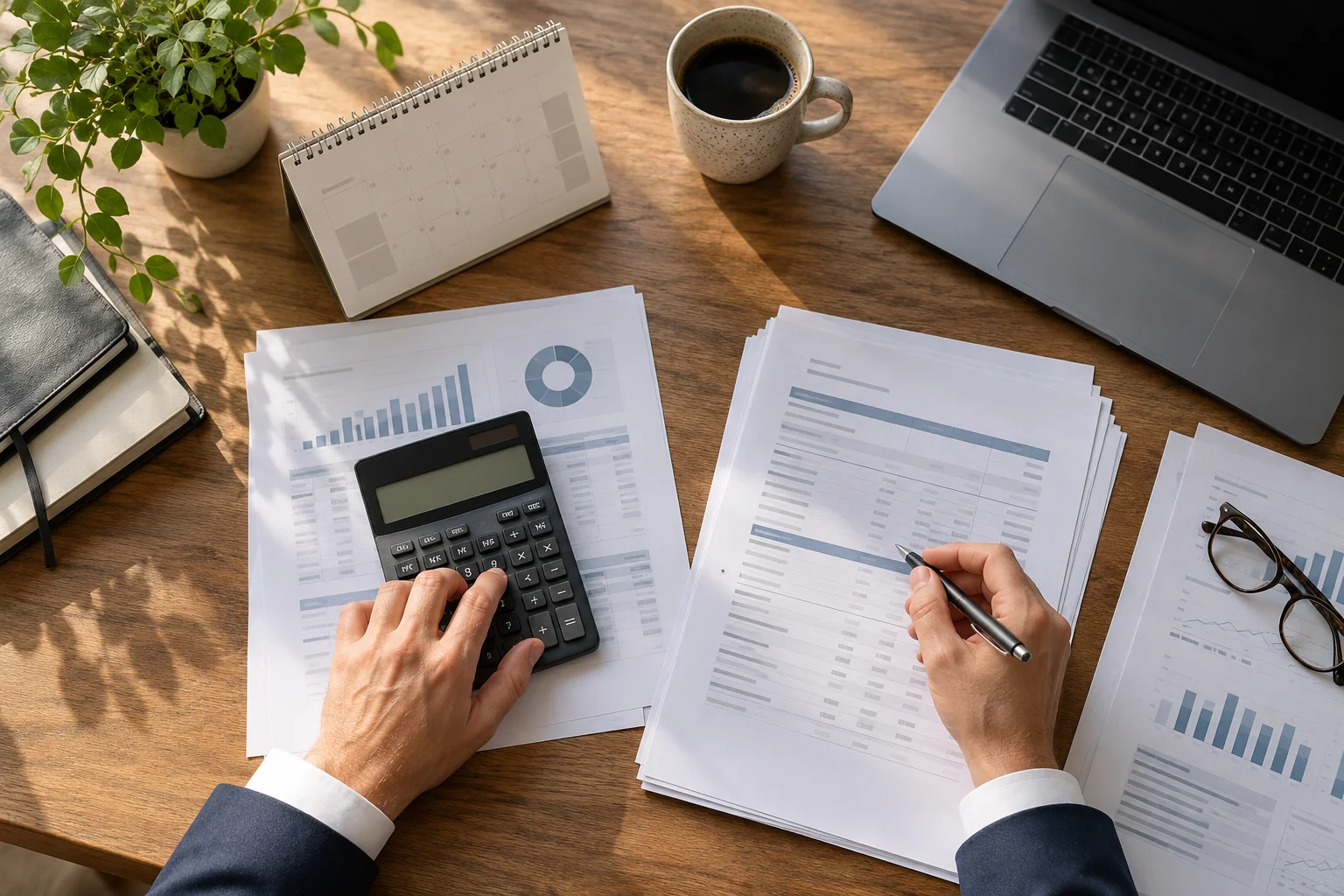 Rekenmachine en financiële stukken voor de jaarwisseling