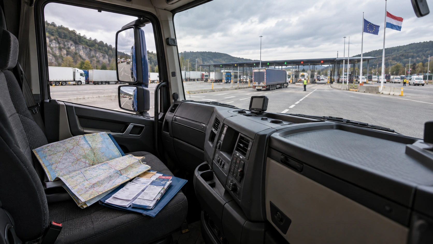 Wegenatlas en tolbewijzen in een vrachtwagencabine bij een grensparkeerplaats.