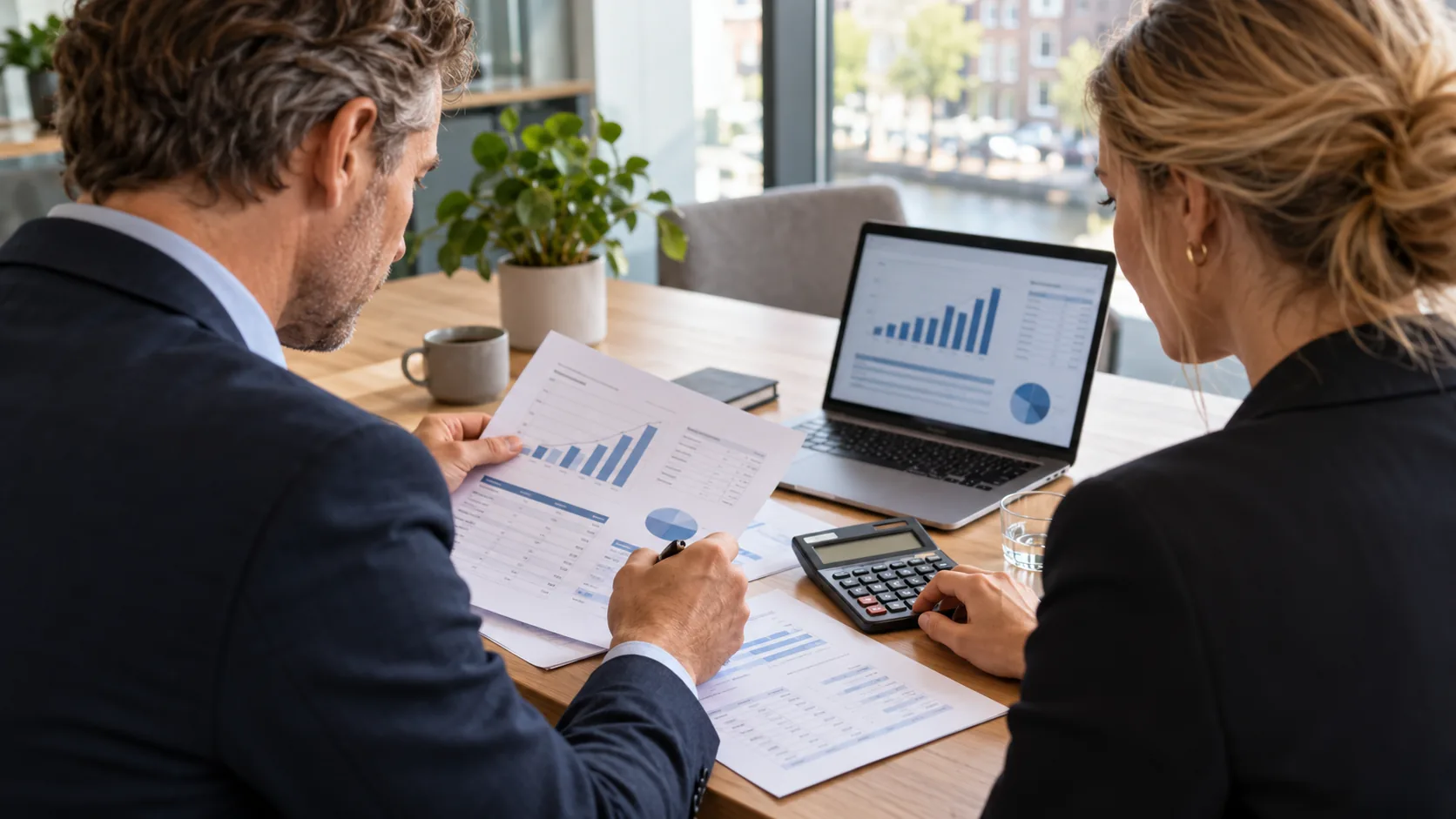 Twee professionals bekijken financiële overzichten naast een laptop en rekenmachine.