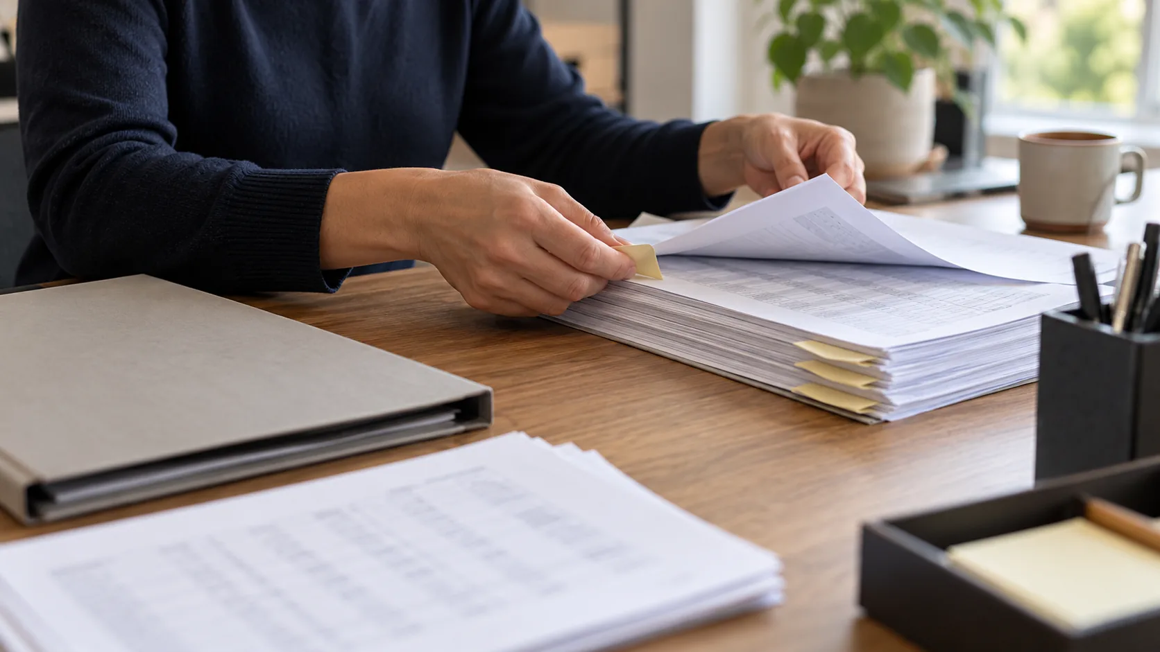 Een persoon controleert een administratief dossier met tabbladen aan een bureau.